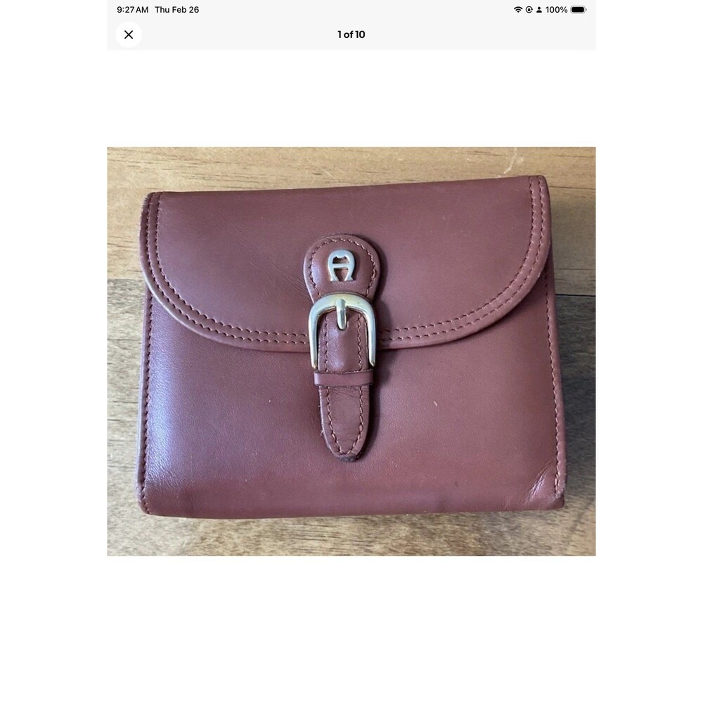 Etienne Aigner Brown Leather Bifold Clamshell Wallet Brass Kiss Lock Vintage